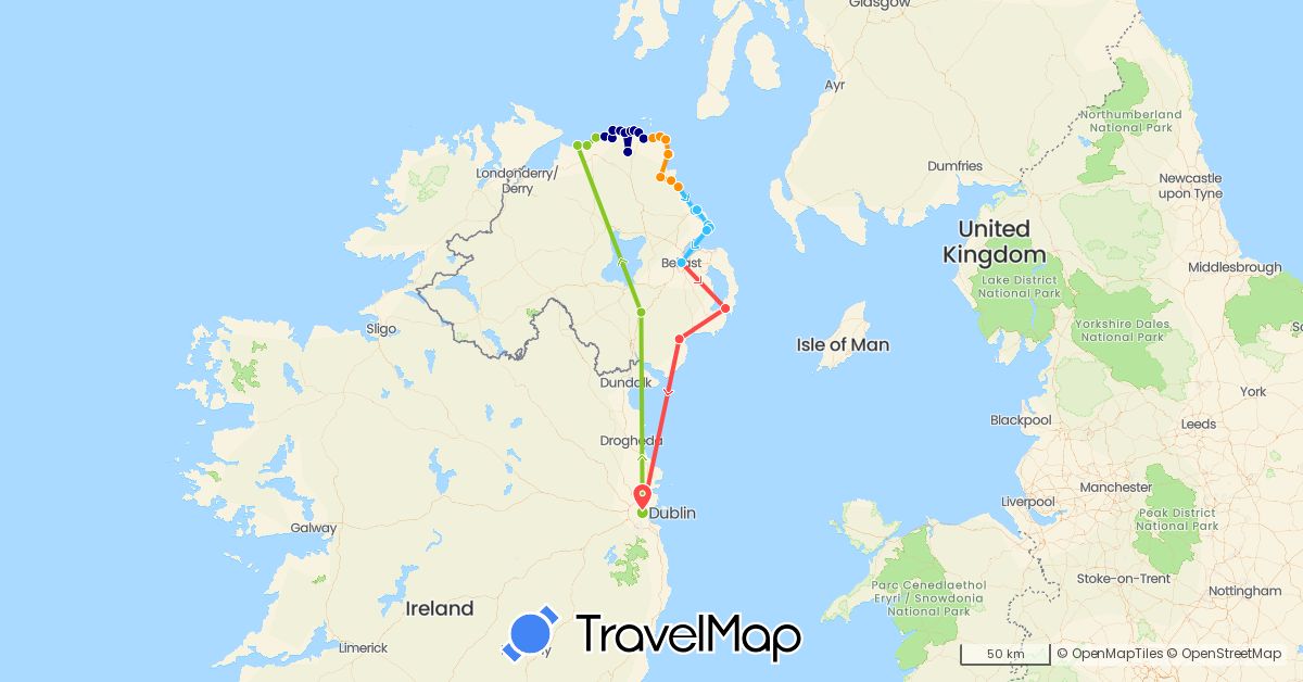TravelMap itinerary: driving, hiking, boat, hitchhiking, electric vehicle in United Kingdom, Ireland (Europe)
